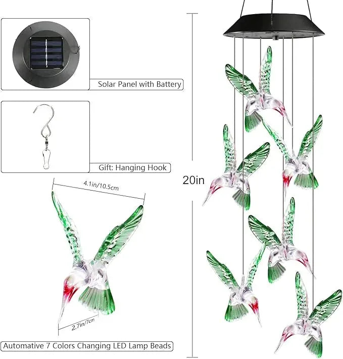 Solar LED Hummingbird Wind Chime with Metal Bells
