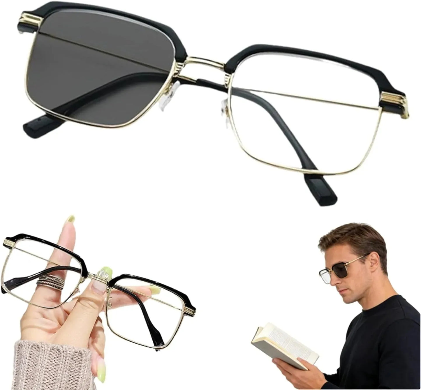 Black & Gold Semi-Rimless Crystal Clear Focus Reading Glasses