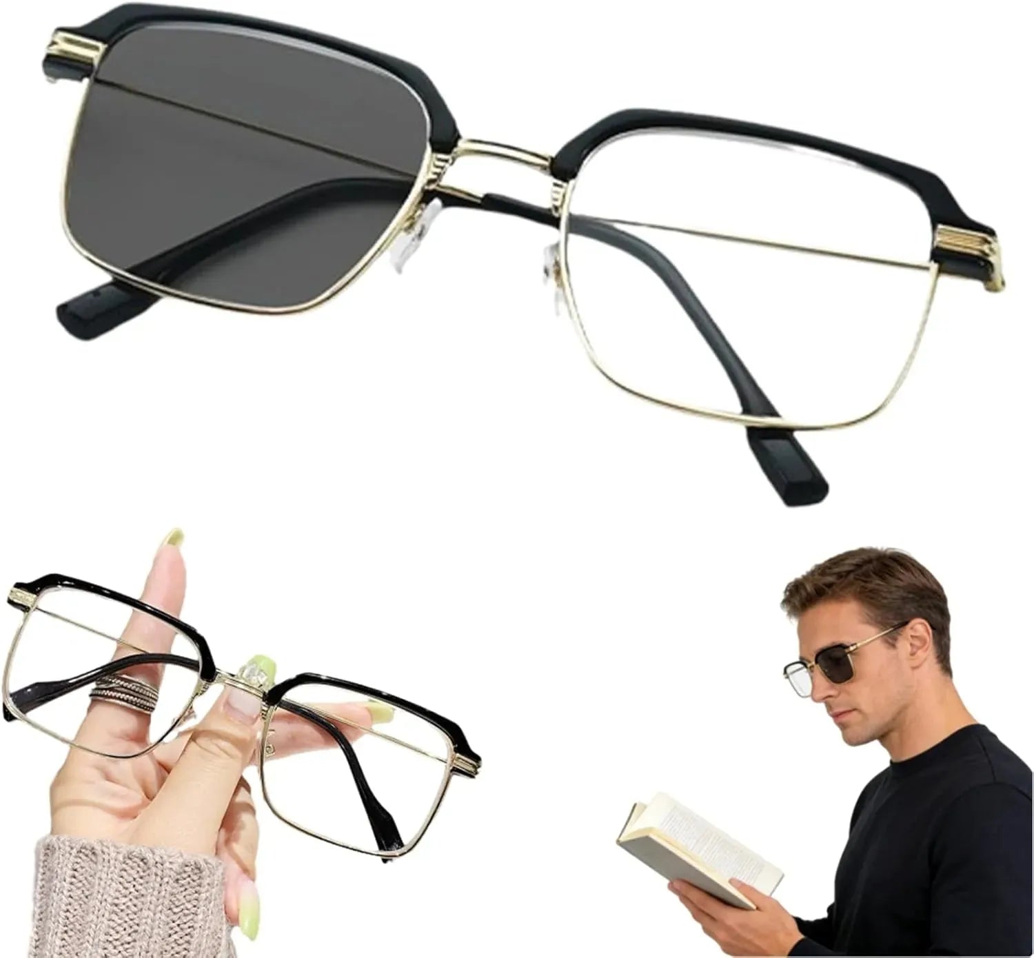 Black & Gold Semi-Rimless Crystal Clear Focus Reading Glasses