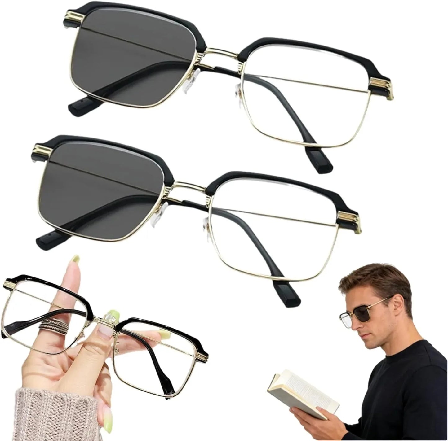 Black & Gold Semi-Rimless Crystal Clear Focus Reading Glasses