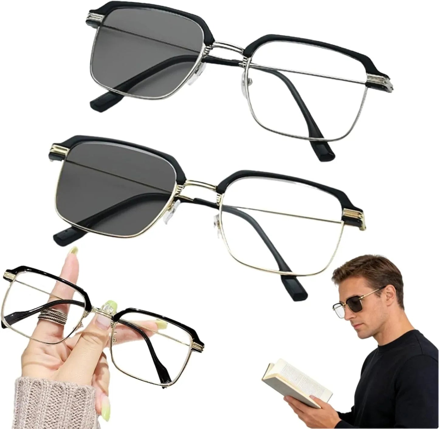 Black & Gold Semi-Rimless Crystal Clear Focus Reading Glasses