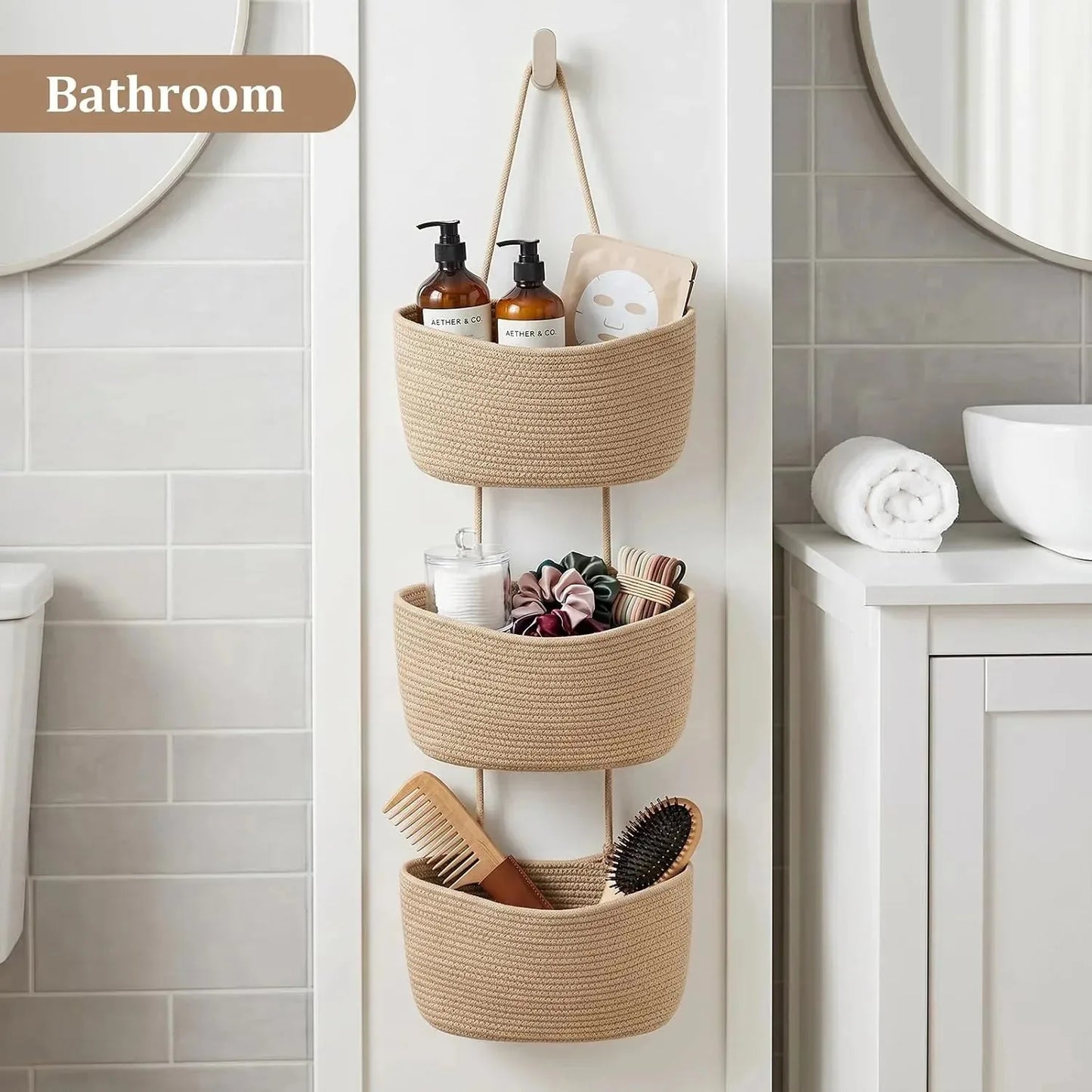 3-Tier Woven Cotton Wall-Mounted Storage Organizer Bag