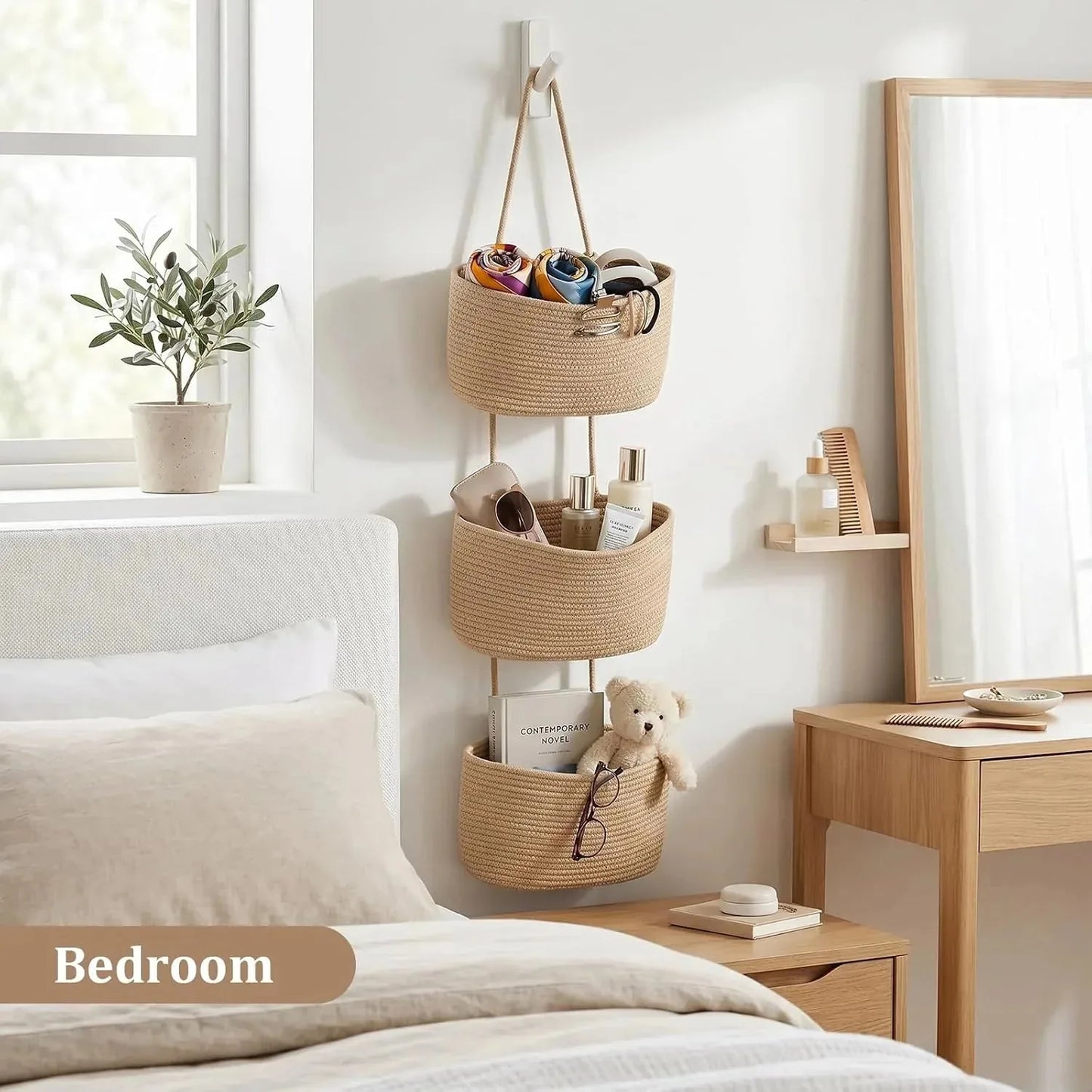 3-Tier Woven Cotton Wall-Mounted Storage Organizer Bag