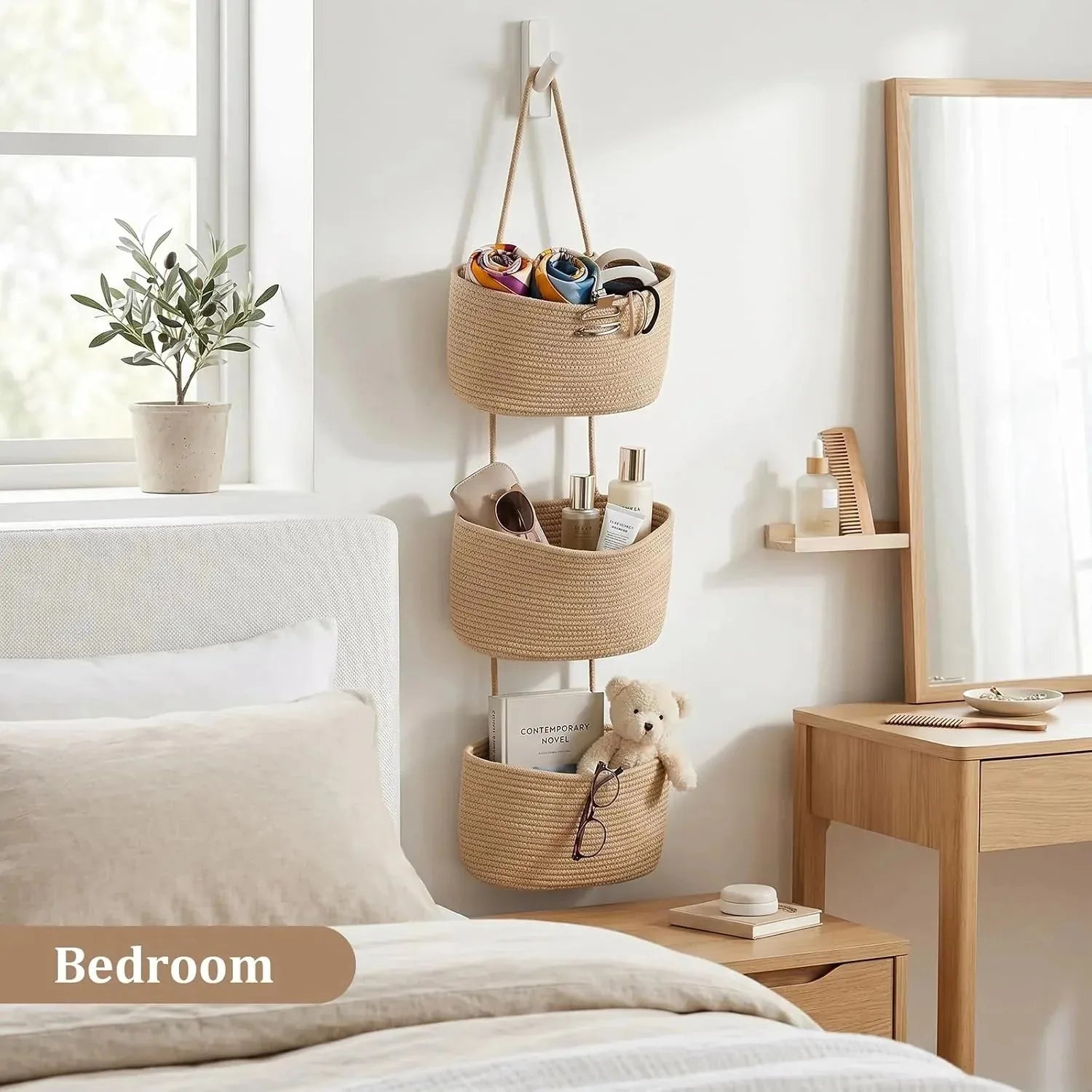 3-Tier Woven Cotton Wall-Mounted Storage Organizer Bag