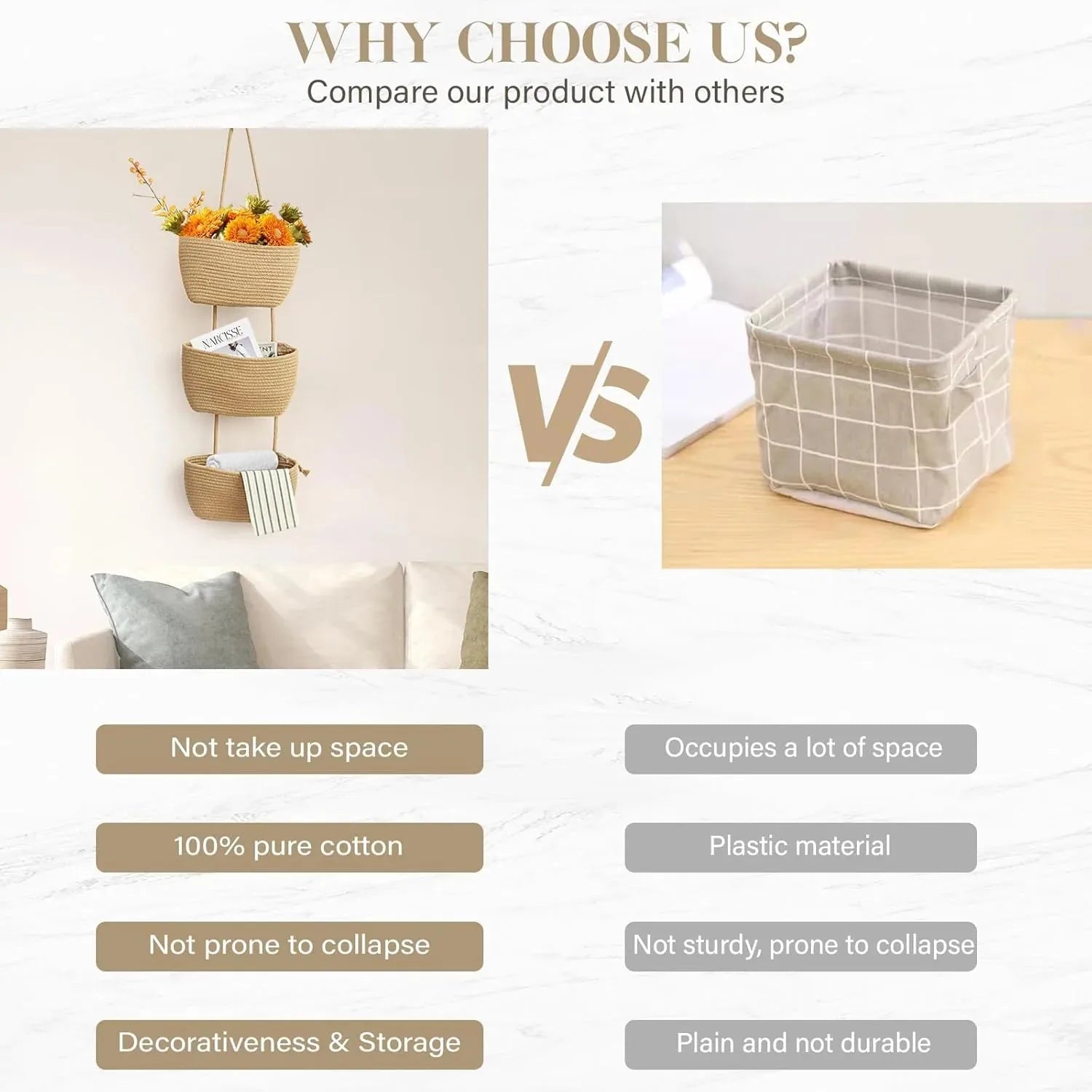 3-Tier Woven Cotton Wall-Mounted Storage Organizer Bag
