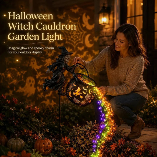 Lighted Flying Witch Cauldron Garden Stake - image 1