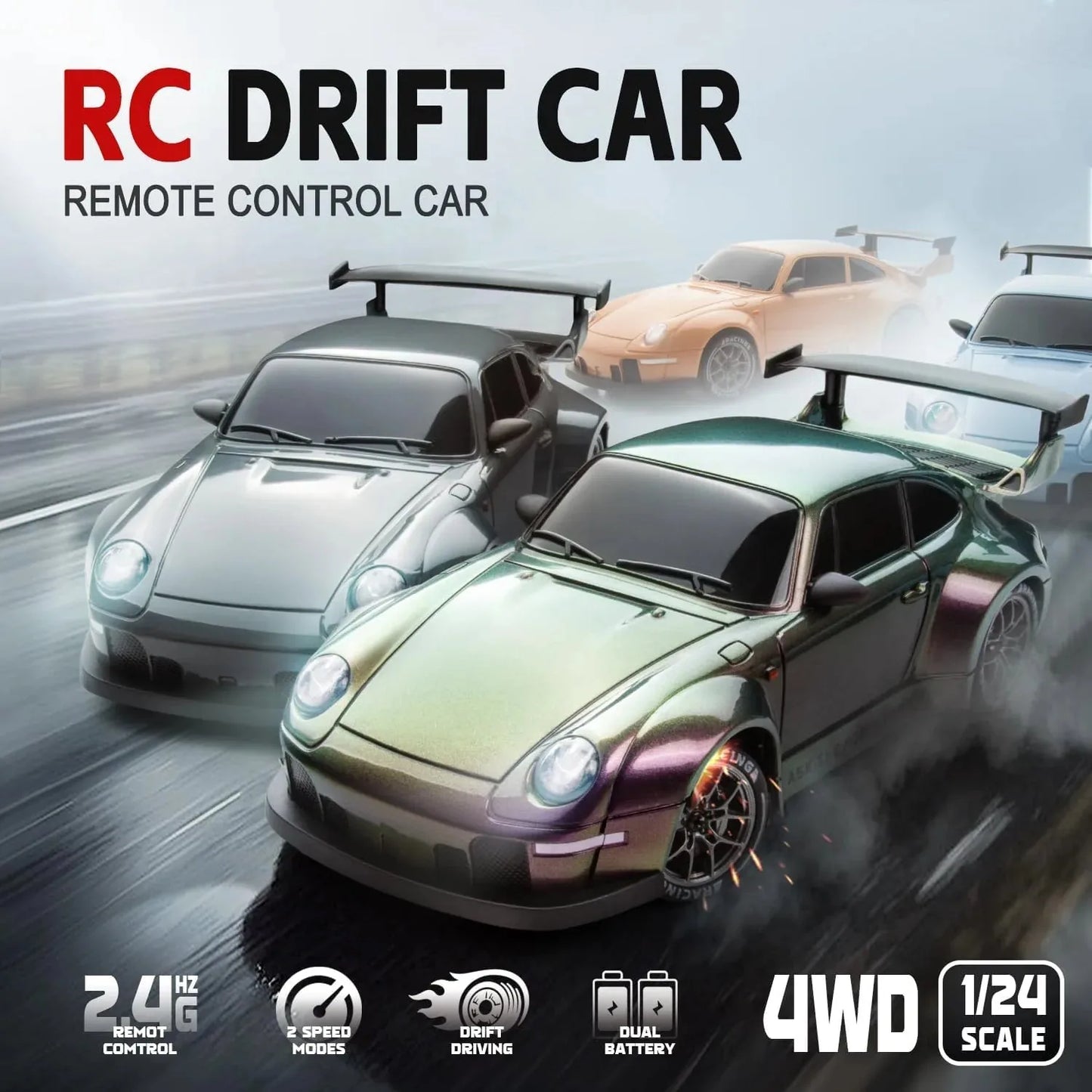 1/24 4WD RC Drift Car – 20KM/H High-Speed with LED Lights