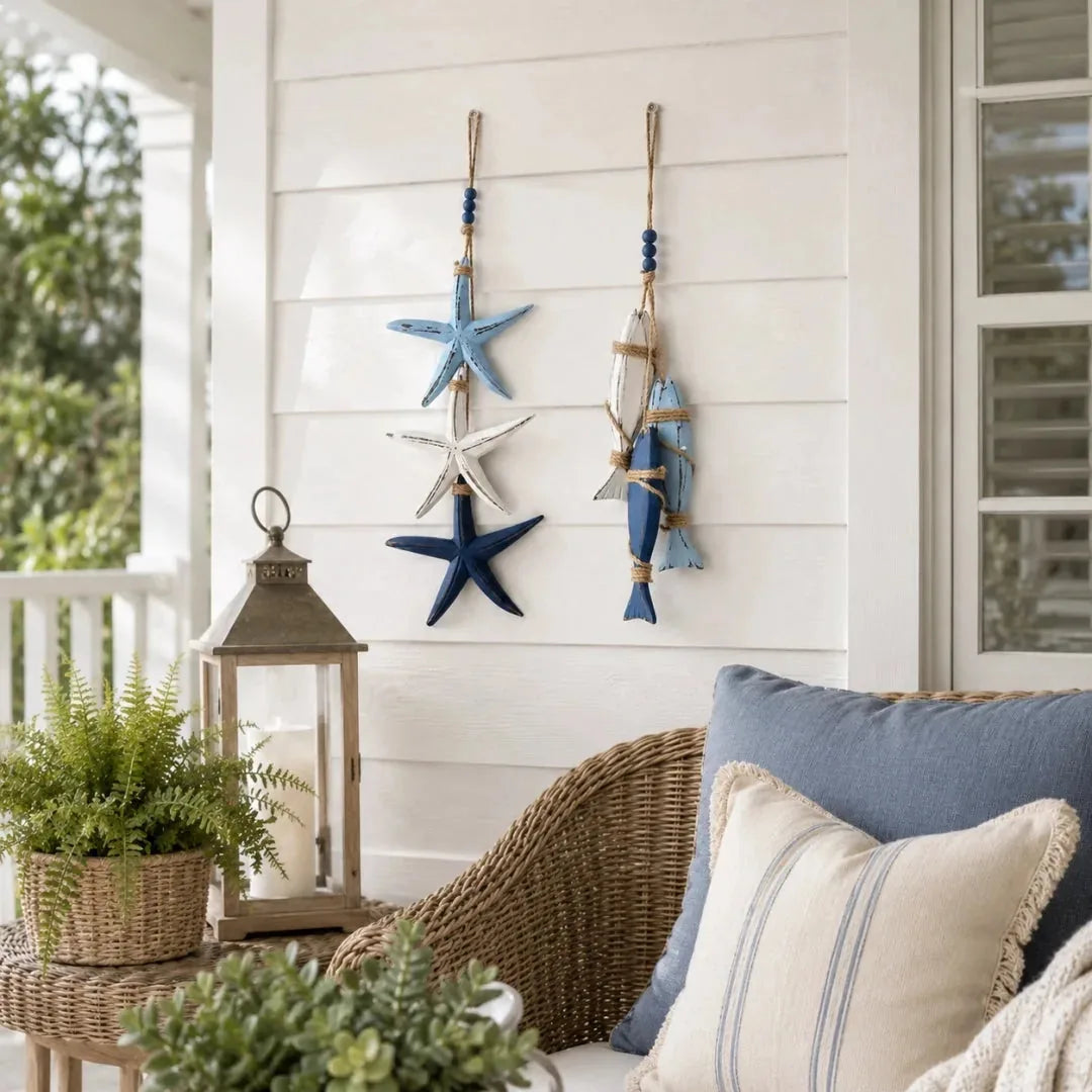 Lighted Coastal Wooden Starfish & Fish Hanging Decor