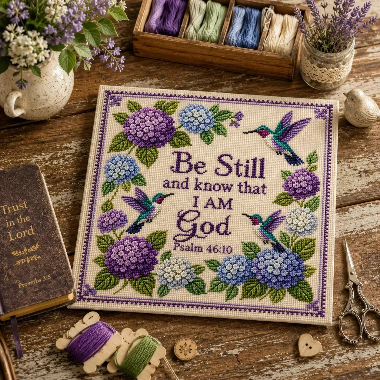 ✝️ Hummingbird Garden Faith Cross Stitch DIY Kit 🌸