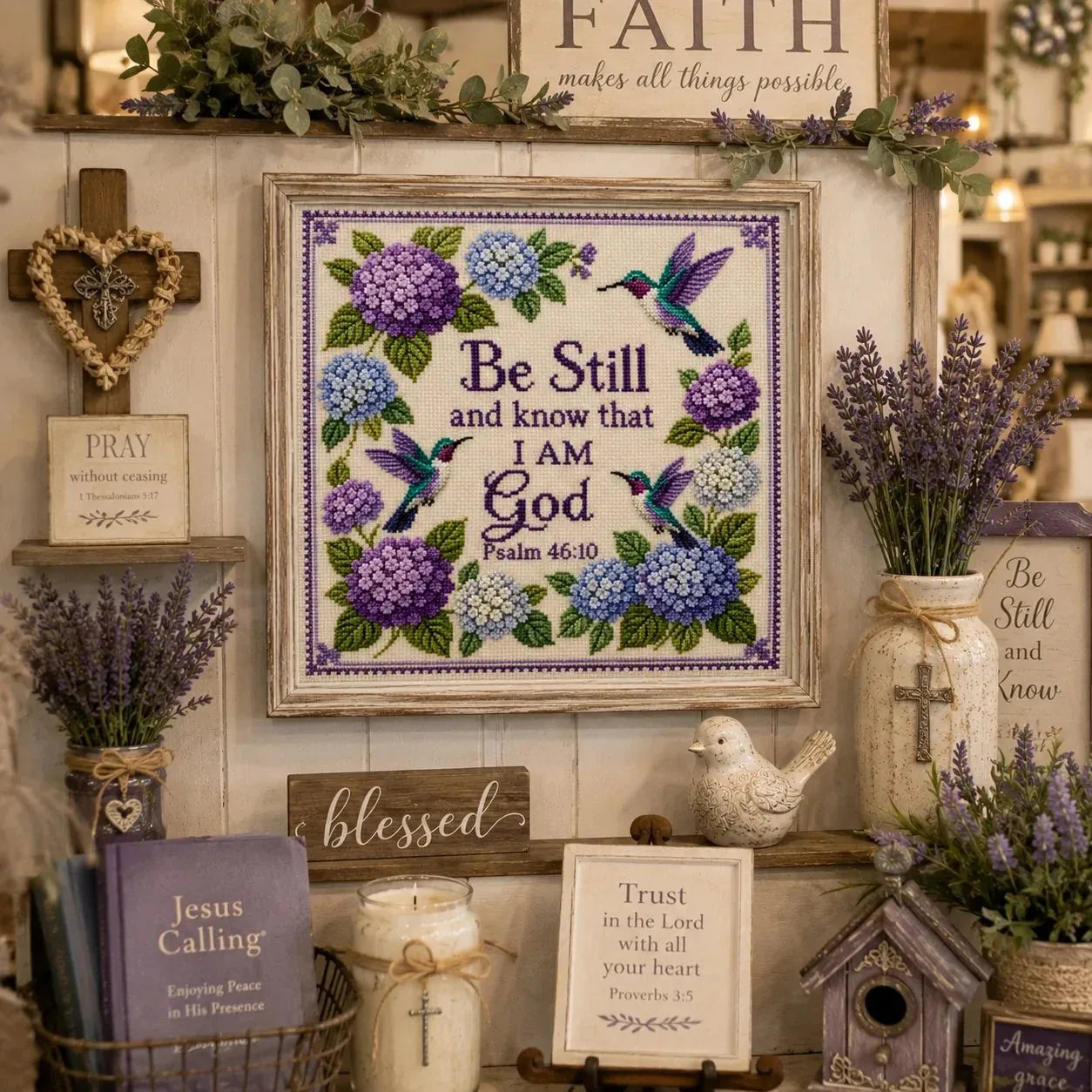 ✝️ Hummingbird Garden Faith Cross Stitch DIY Kit 🌸
