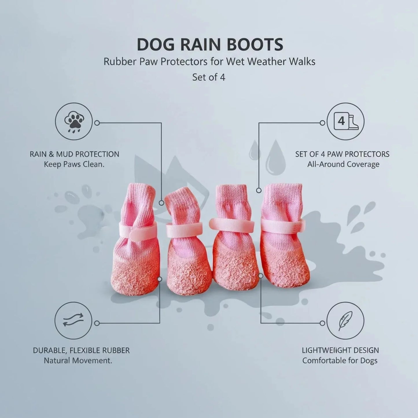 Rubber Rain Boots for Pets. 4-Pack Protective Footwear