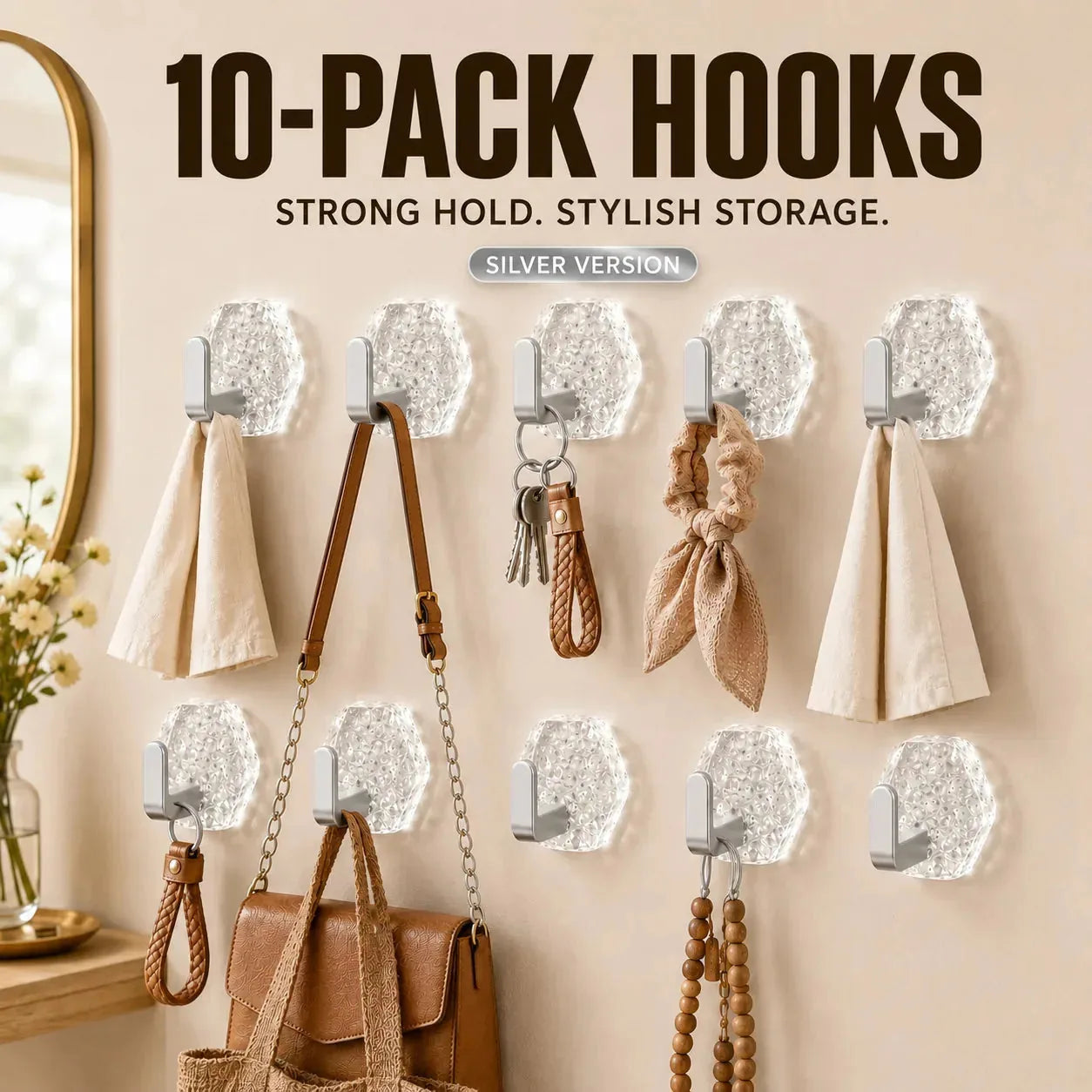🏠✨10-Pack Heavy-Duty Adhesive Hooks – Strong Hold. No Drilling
