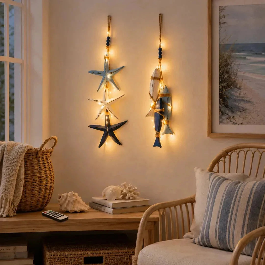 Lighted Coastal Wooden Starfish & Fish Hanging Decor