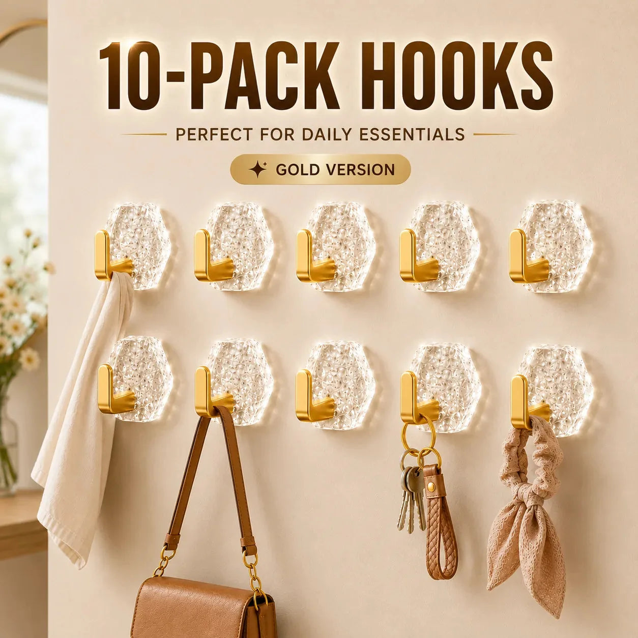 🏠✨10-Pack Heavy-Duty Adhesive Hooks – Strong Hold. No Drilling
