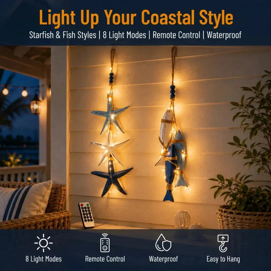 Lighted Coastal Wooden Starfish & Fish Hanging Decor