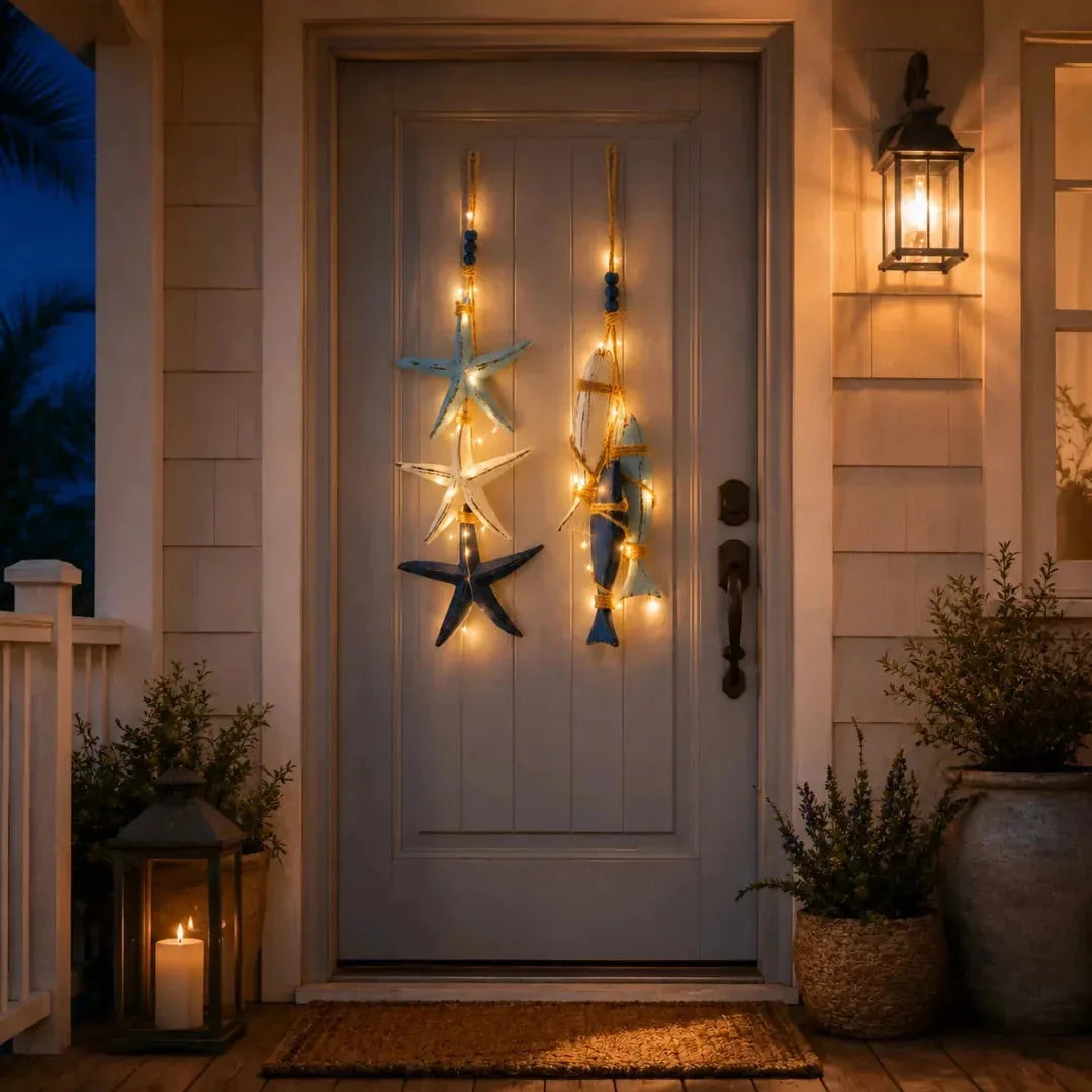 Lighted Coastal Wooden Starfish & Fish Hanging Decor