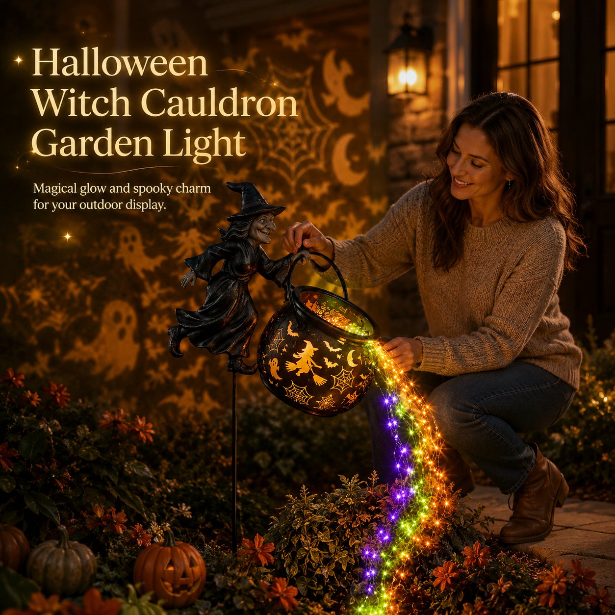 Lighted Flying Witch Cauldron Garden Stake - image 1