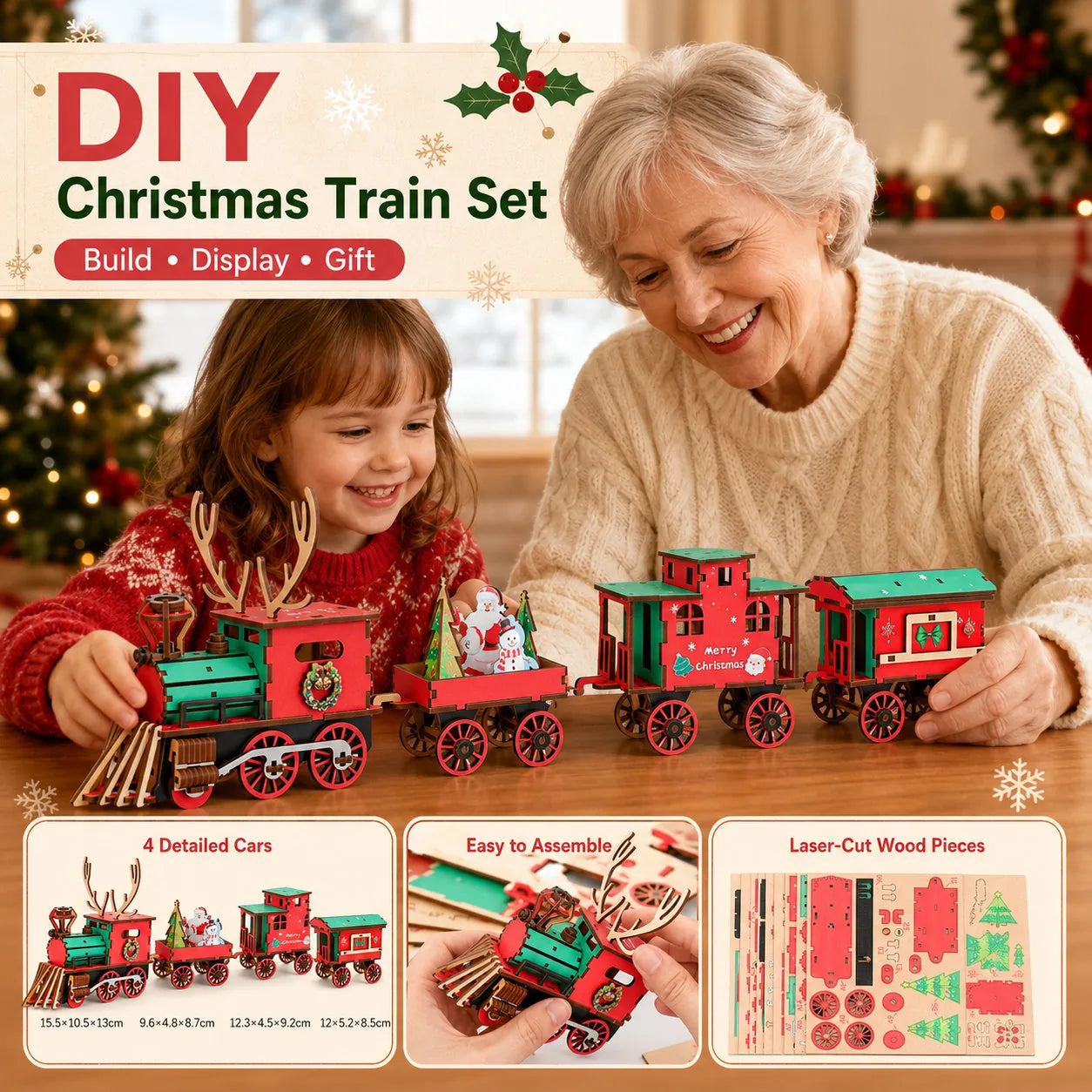 DIY Christmas Wooden Train 3D Puzzle Kit – product image 1