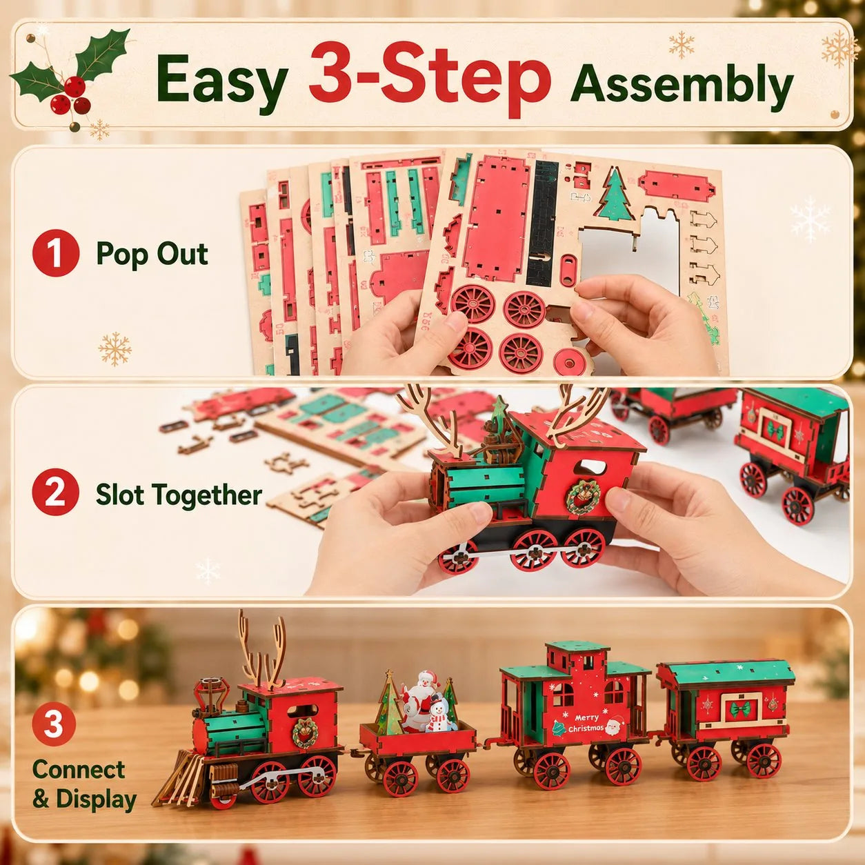 DIY Christmas Wooden Train 3D Puzzle Kit – product image 3