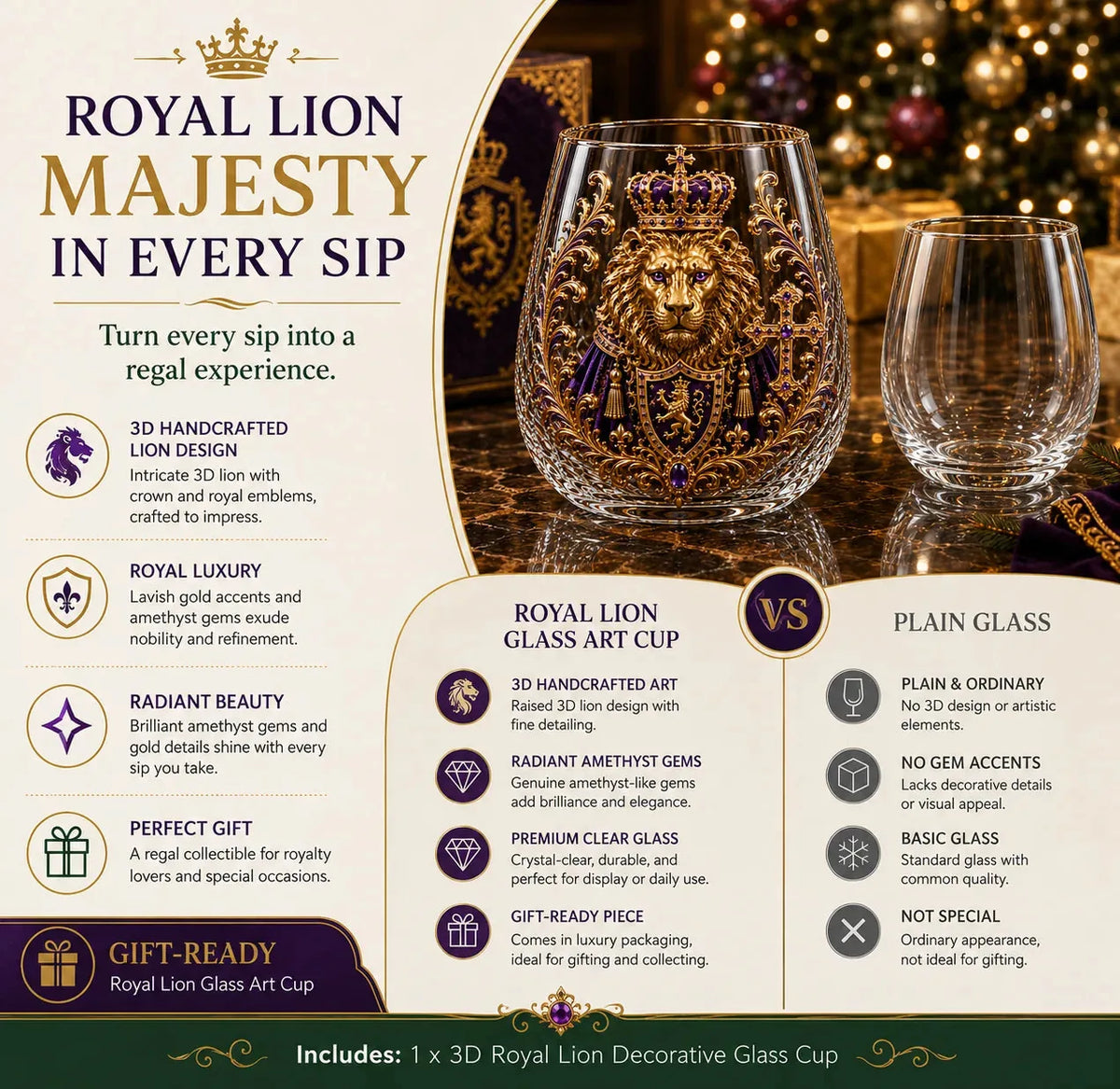 3D Crowned Lion Crystal Whiskey Glass – product image 1