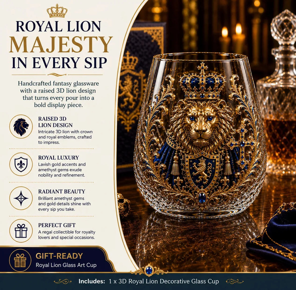 3D Crowned Lion Crystal Whiskey Glass – product image 4