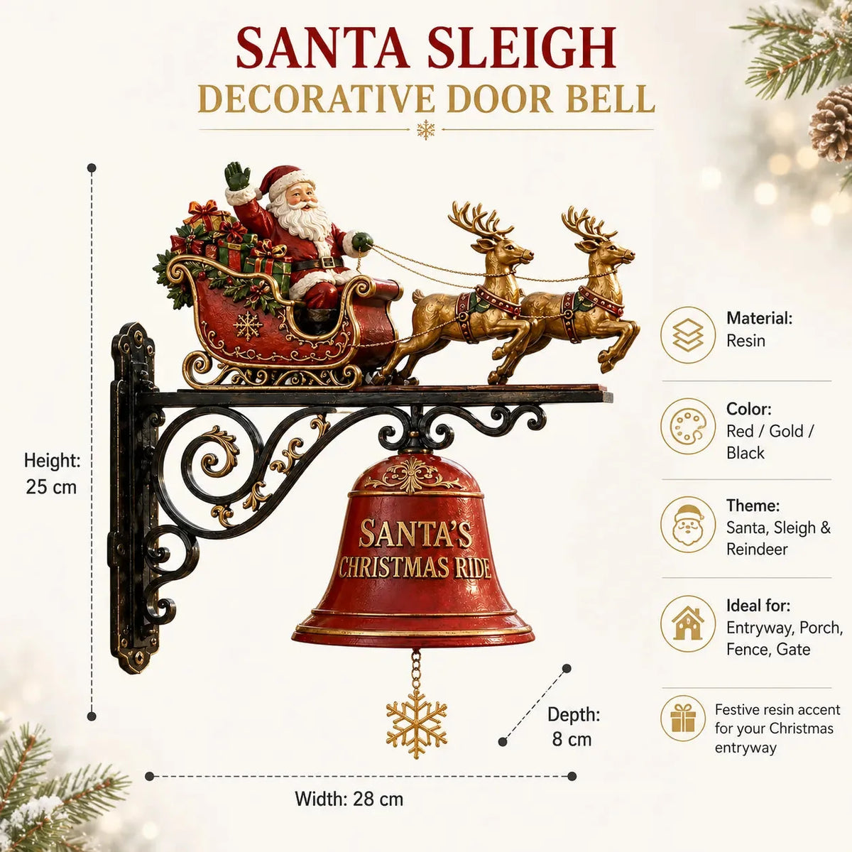Santa Sleigh and Reindeer Bell for Festive Door and Outdoor Décor – image 1
