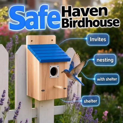 Wooden Birdhouse with Blue Roof for Garden Display — view 1