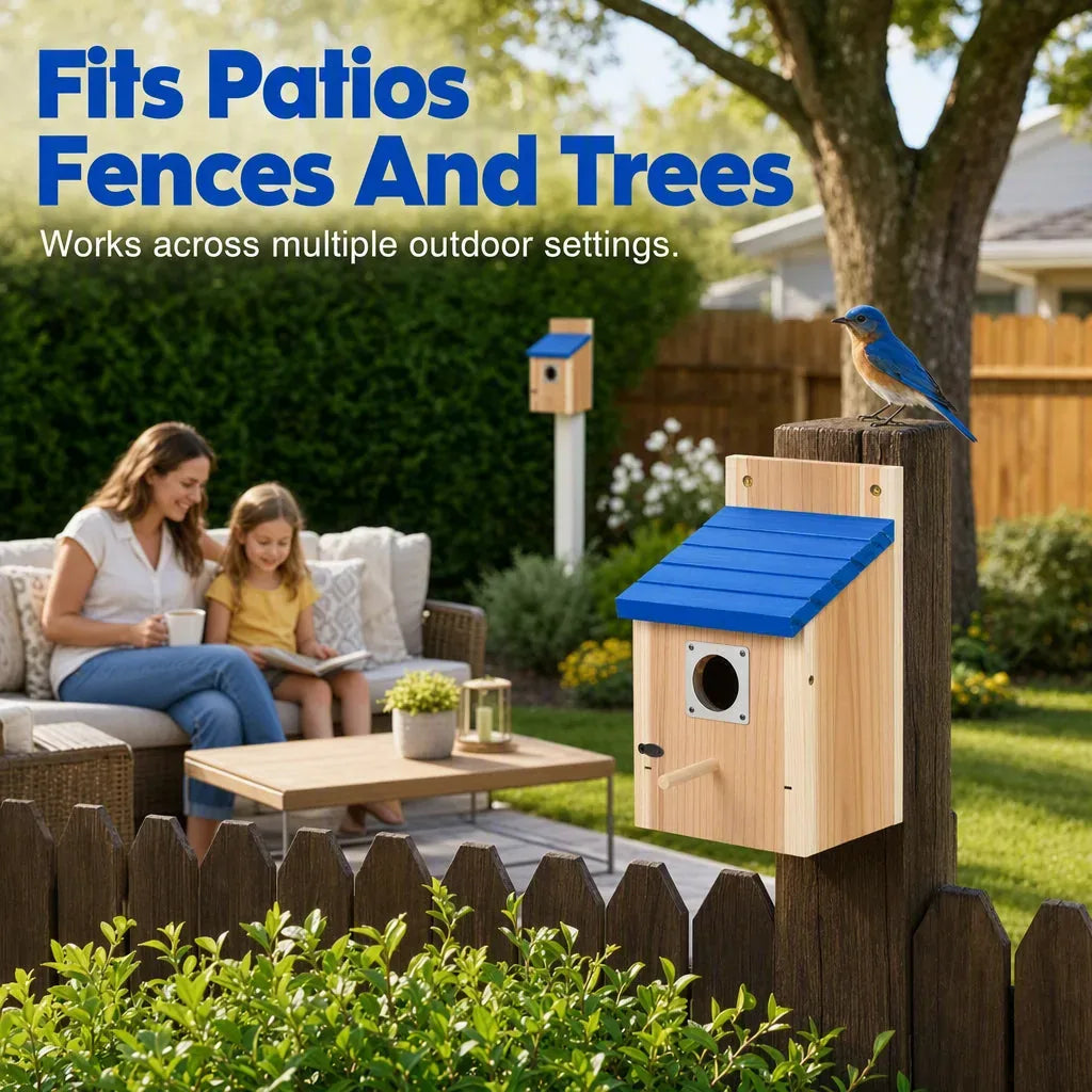Wooden Birdhouse with Blue Roof for Garden Display — view 3