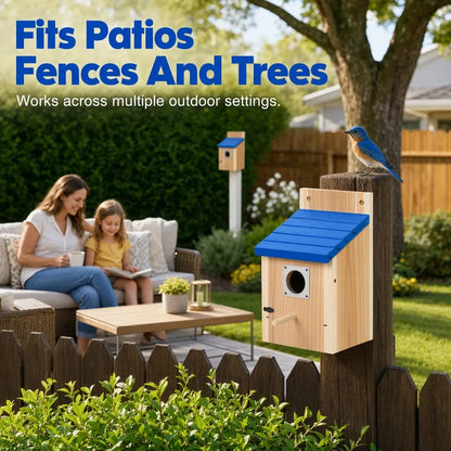Wooden Birdhouse with Blue Roof for Garden Display — view 3