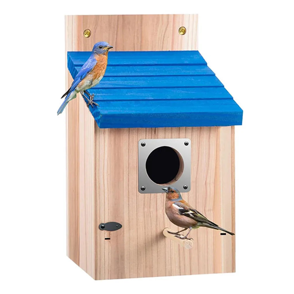 Wooden Birdhouse with Blue Roof for Garden Display — view 8
